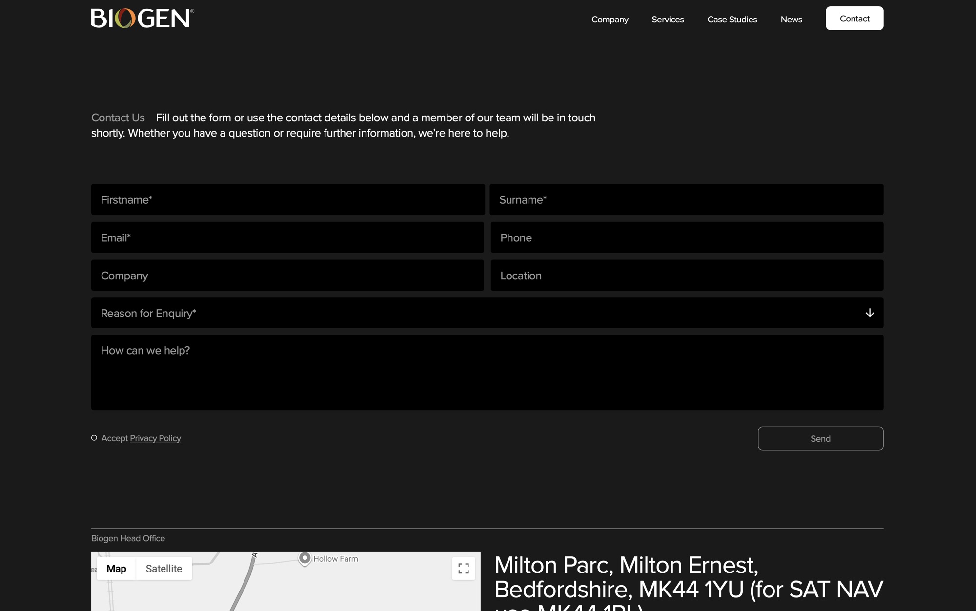 A dark, focused Contact page with a multi-field enquiry form, reason-for-enquiry dropdown and an embedded head office map.