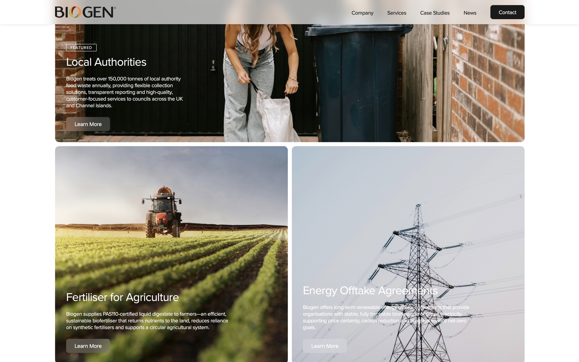 A featured services grid with a large hero card and image-led tiles for Local Authorities, Fertiliser for Agriculture and Energy Offtake Agreements.