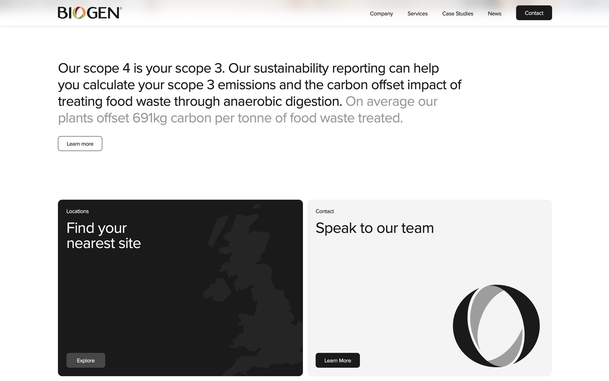 A sustainability statement on Scope 4 reporting, paired with two bold dual-tone cards linking to Locations and Contact.