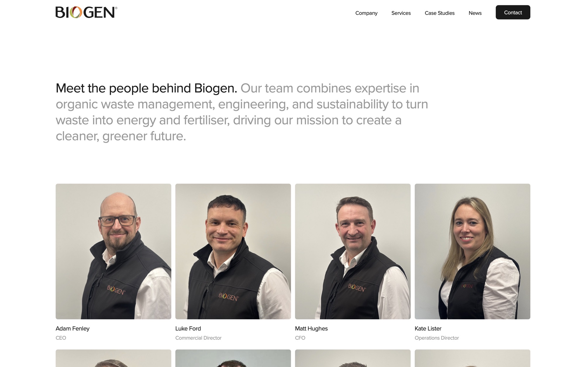 A Team page introducing the people behind Biogen with a clean four-column portrait grid, role tags and supporting copy.