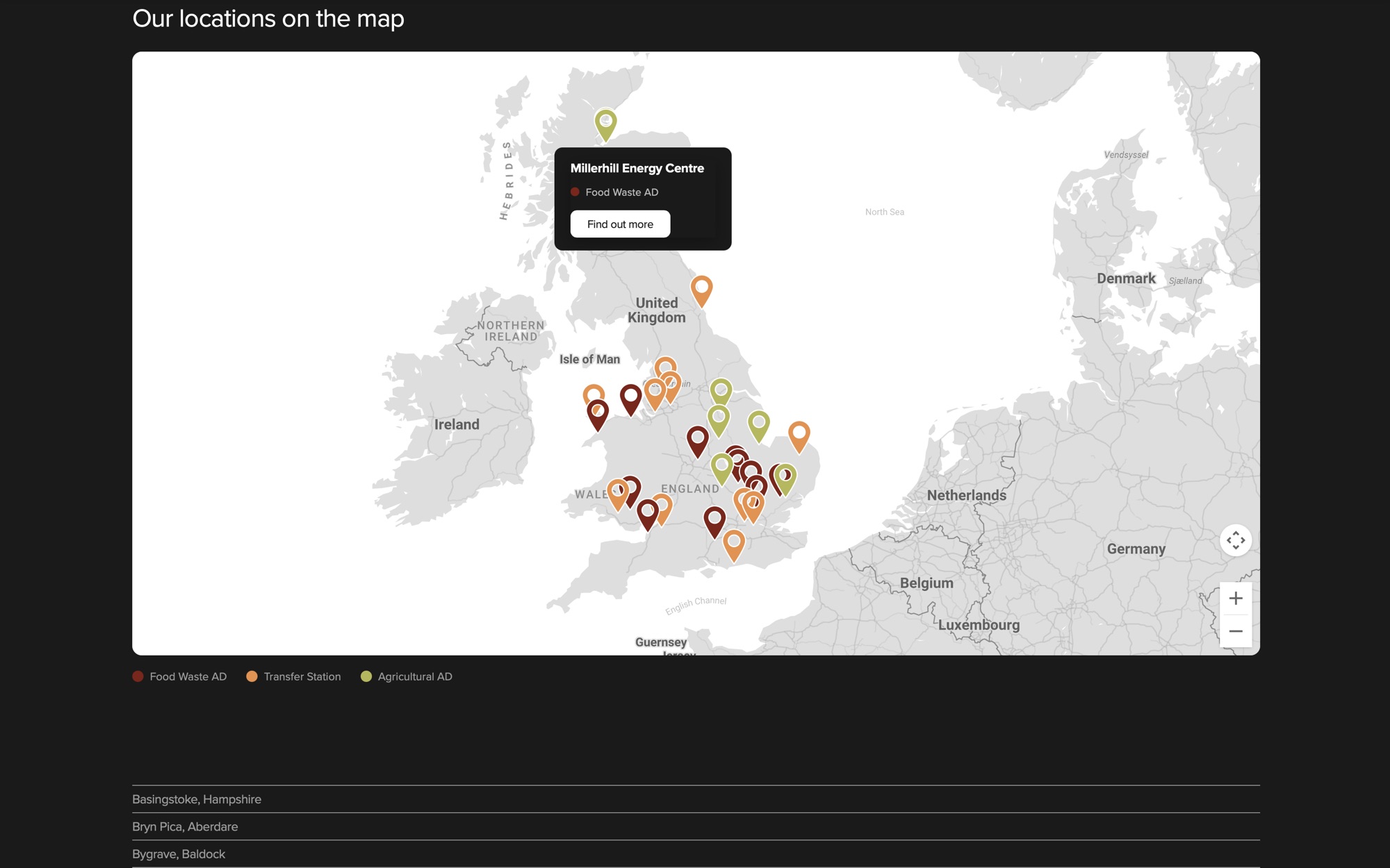 A dark, immersive Locations map of the UK with custom colour-coded pins for Food Waste AD, Transfer Station and Agricultural AD sites.