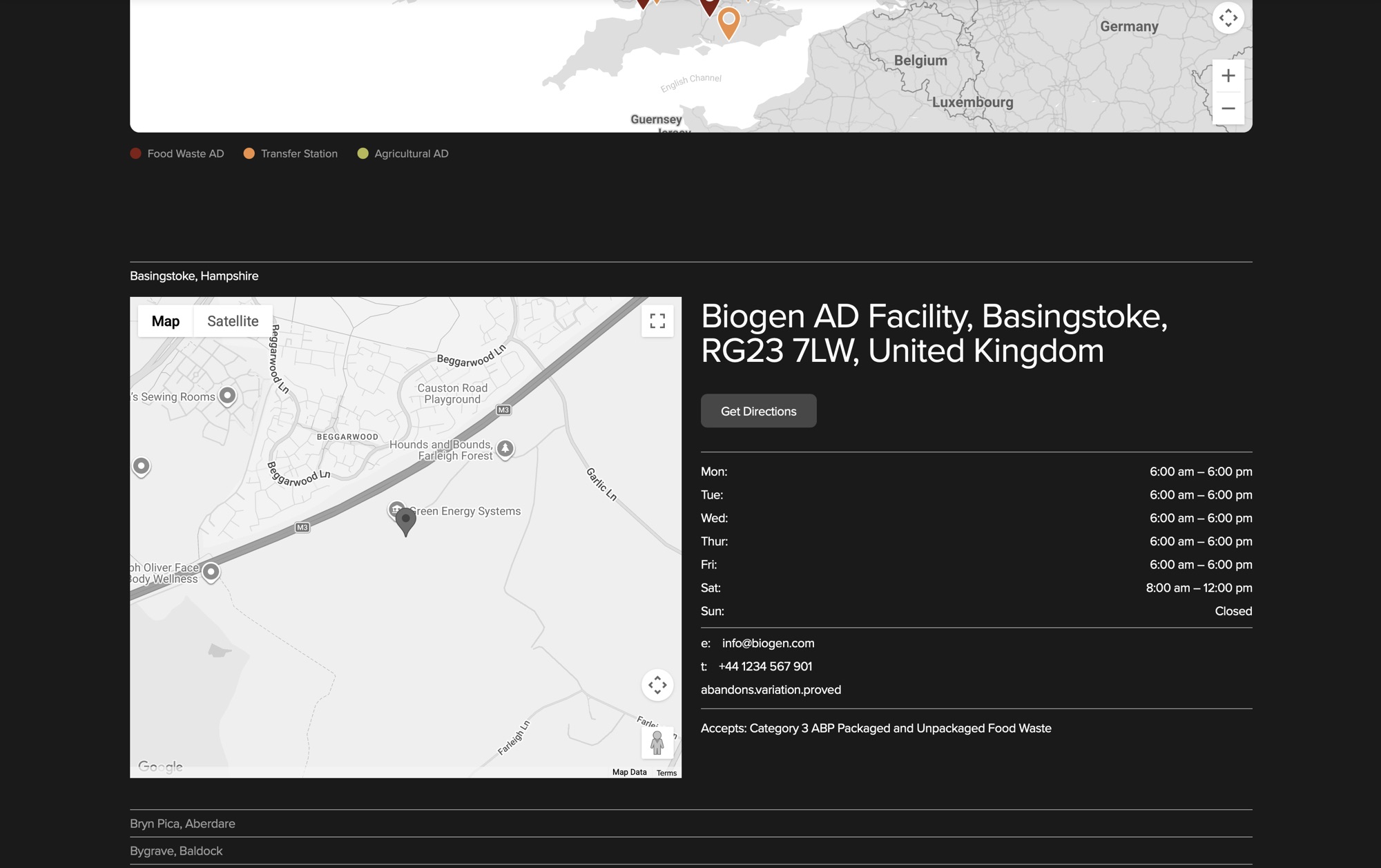 Individual location pages with embedded Google Maps, opening hours, contact details, what3words and accepted waste streams.