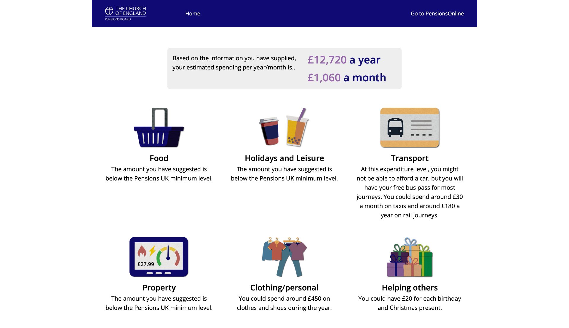 A spending summary with category breakdowns showing estimated annual and monthly costs alongside personalised guidance.
