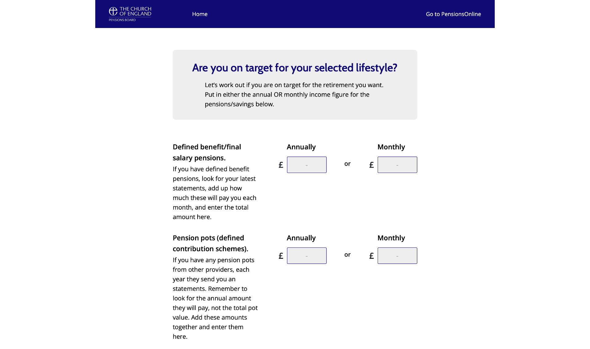 The pension calculator where users enter defined benefit and contribution scheme figures to check if they're on target.