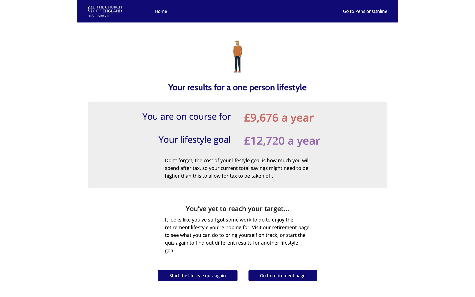 The results page comparing projected income against the lifestyle goal, with clear next steps and calls to action.