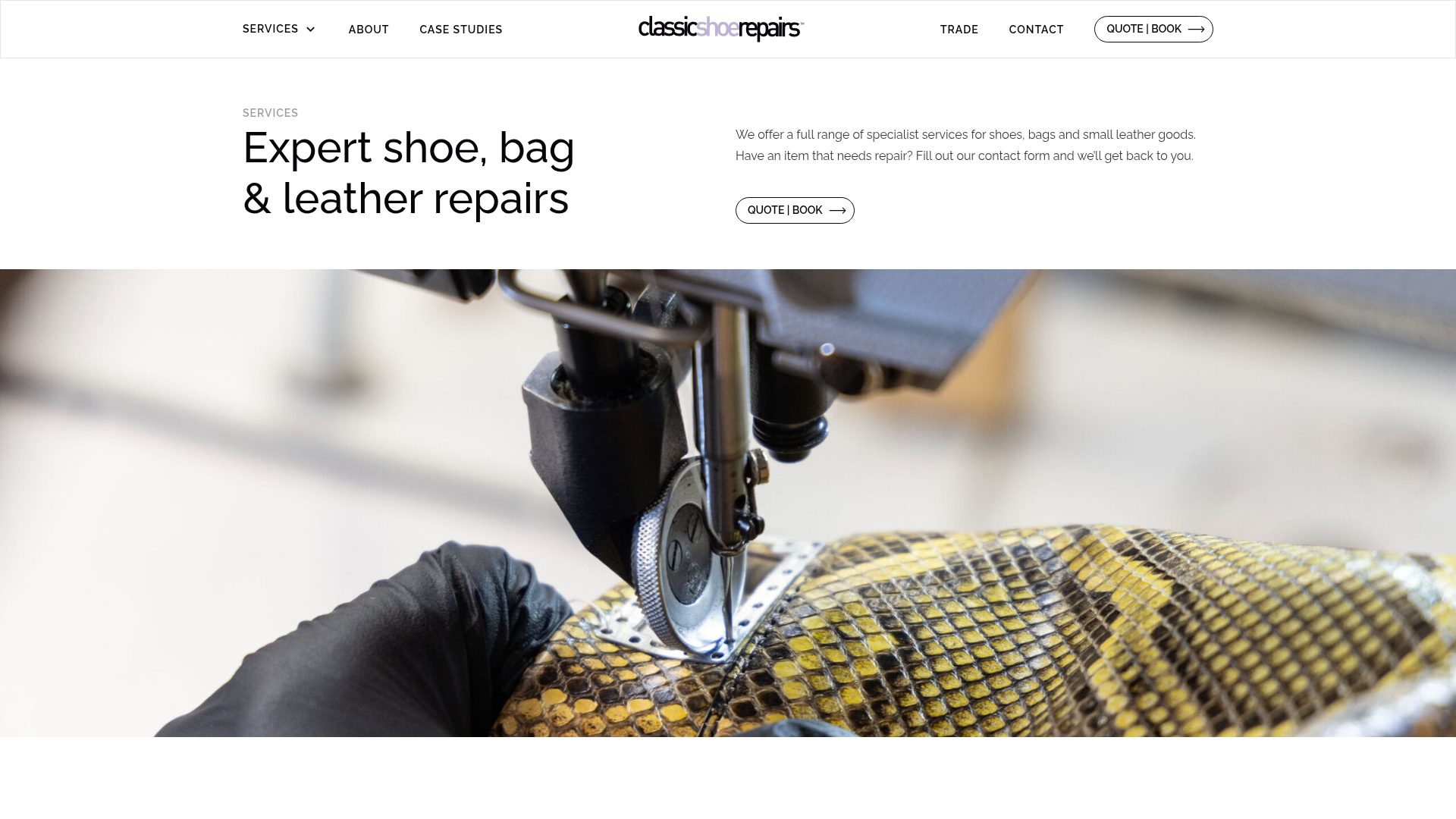 The services listing page showcasing all repair types with a hero image and clear call to action for quotes and bookings.