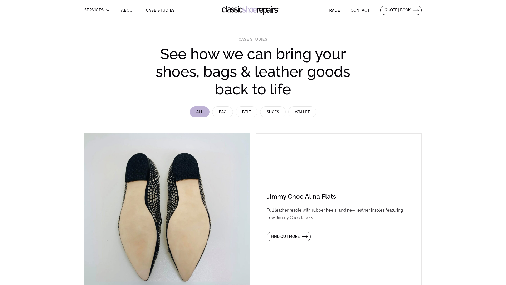 A filterable case studies page with category pills for bags, belts, shoes and wallets, featuring before-and-after imagery.