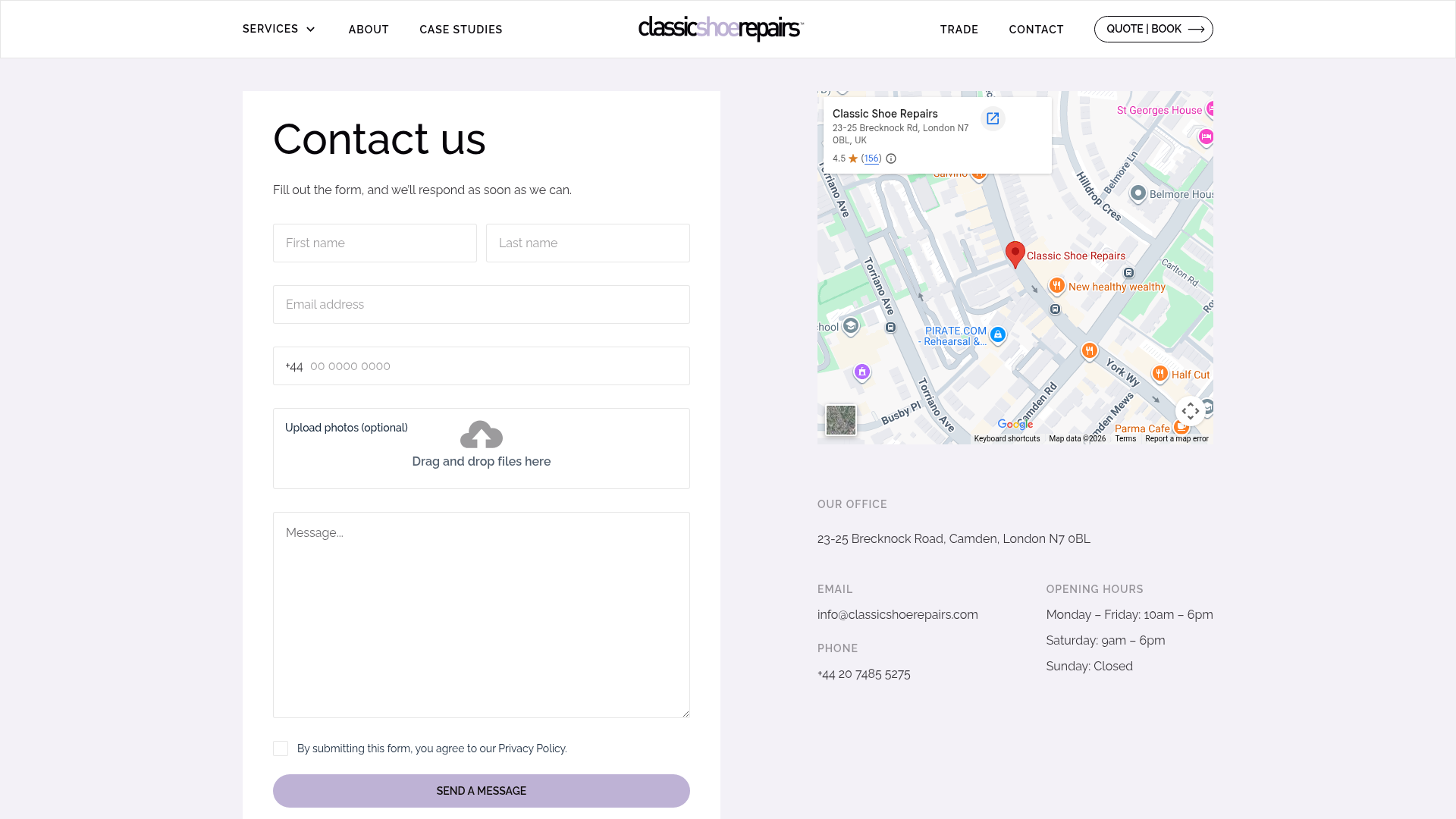 The contact page with an integrated Google Maps embed, opening hours, and a form with optional photo upload functionality.