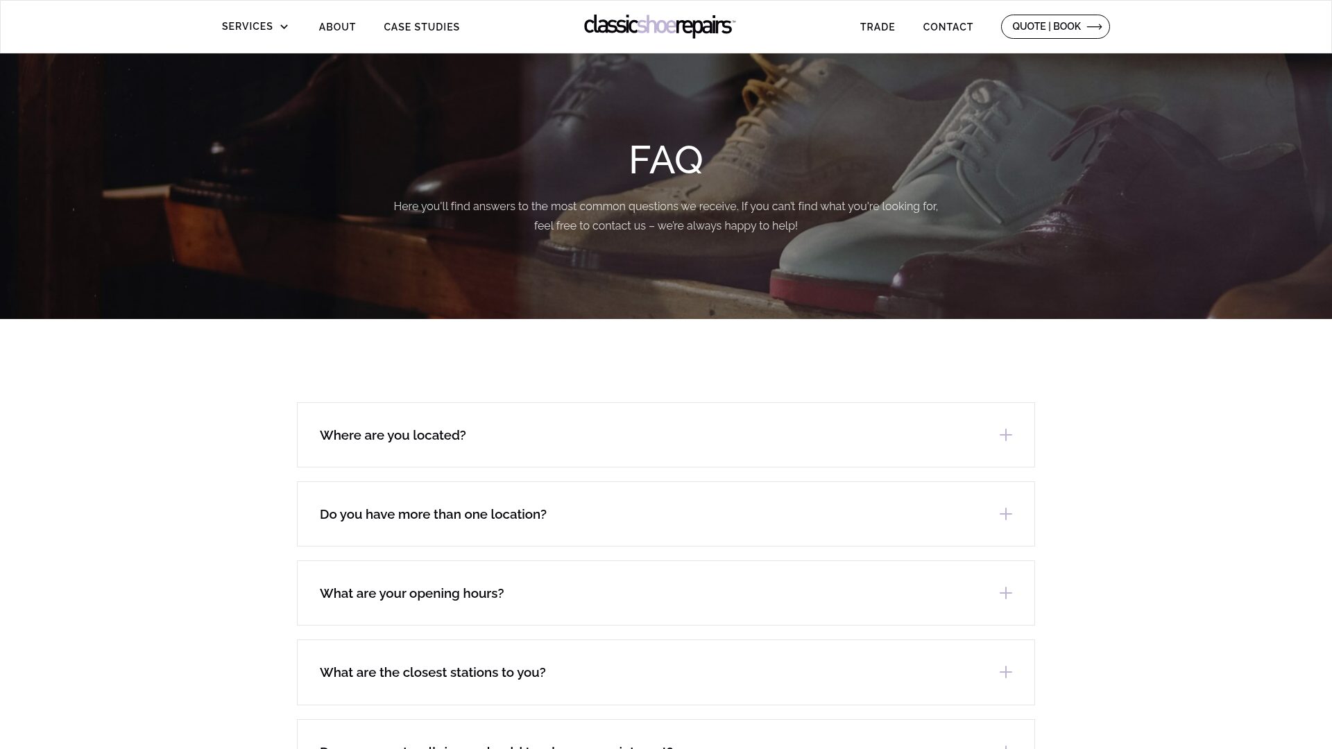 A comprehensive FAQ section with an image hero background and expandable accordion questions covering location, hours and services.