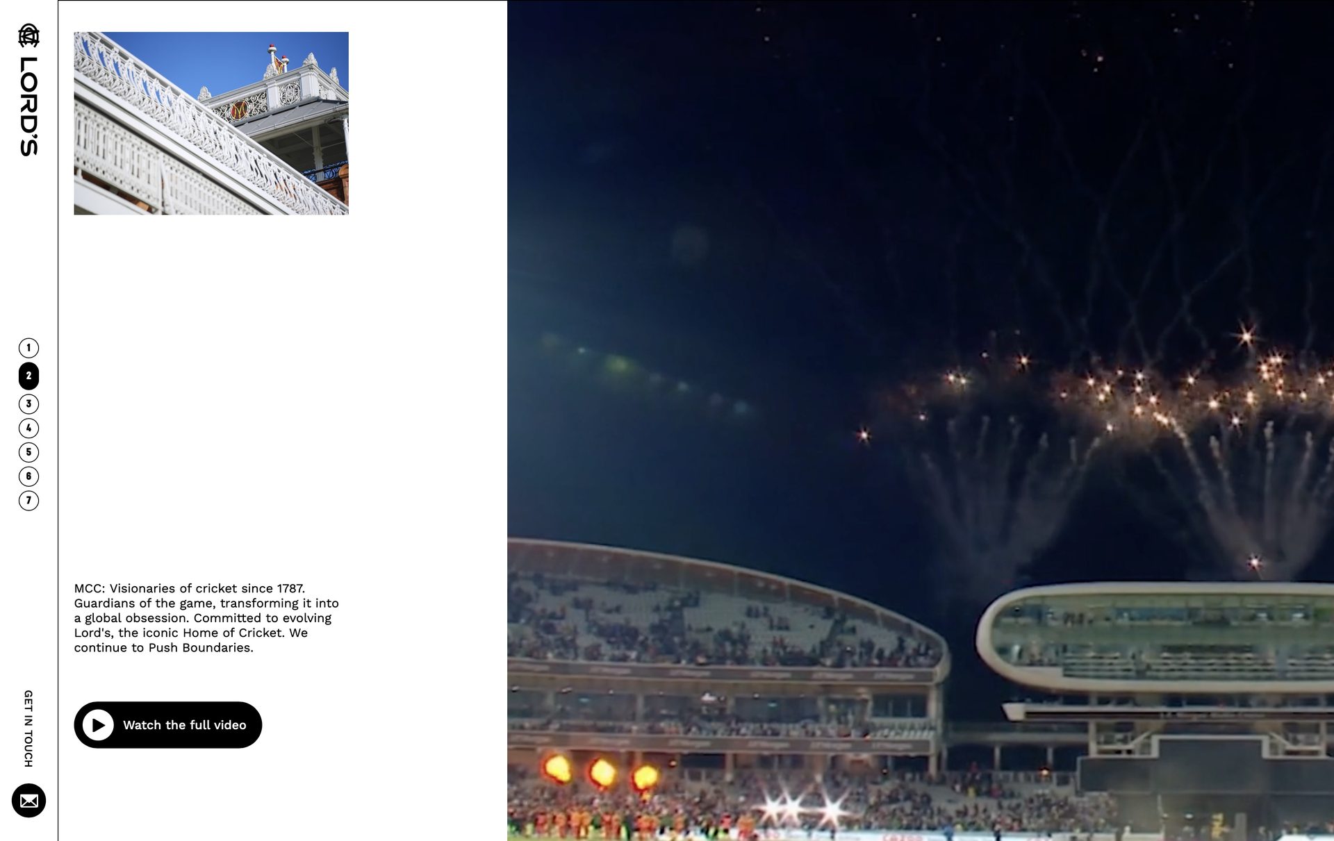 A video background panel with a clear play button that opens the full Vimeo video in a focused pop-up.