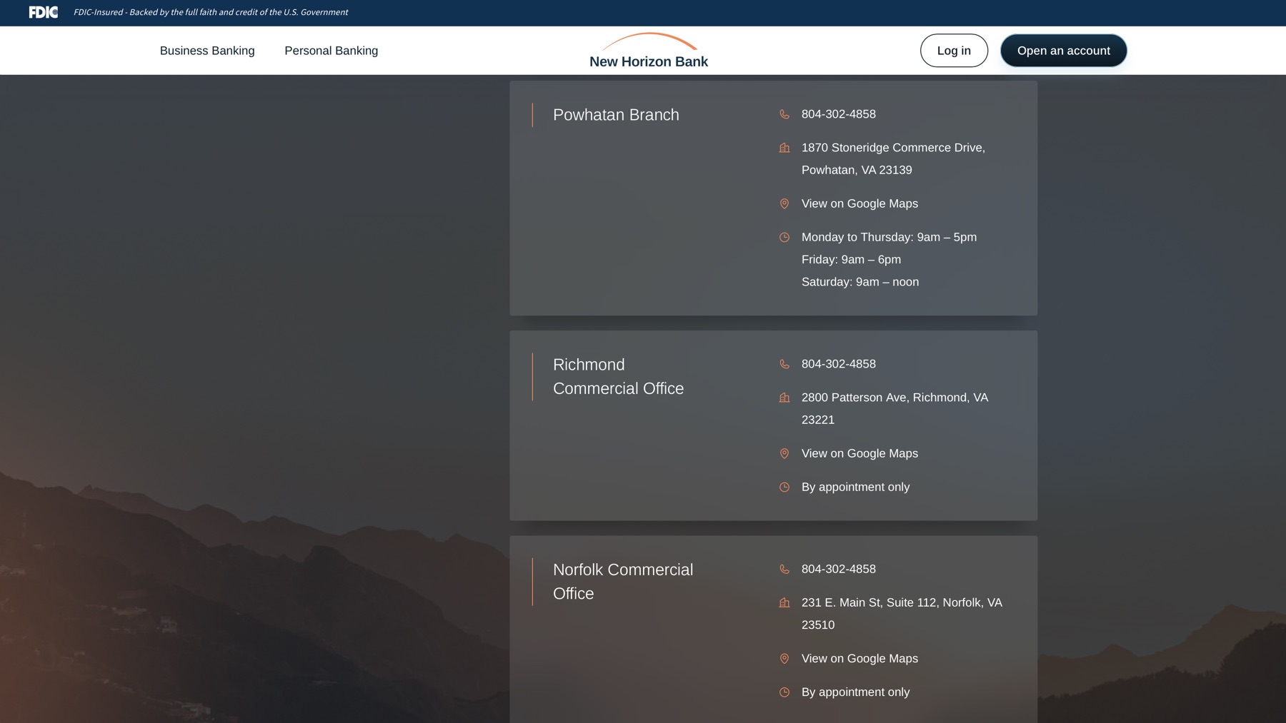 A branch locations section that makes it easy to find New Horizon Bank--�s offices across Virginia at a glance.