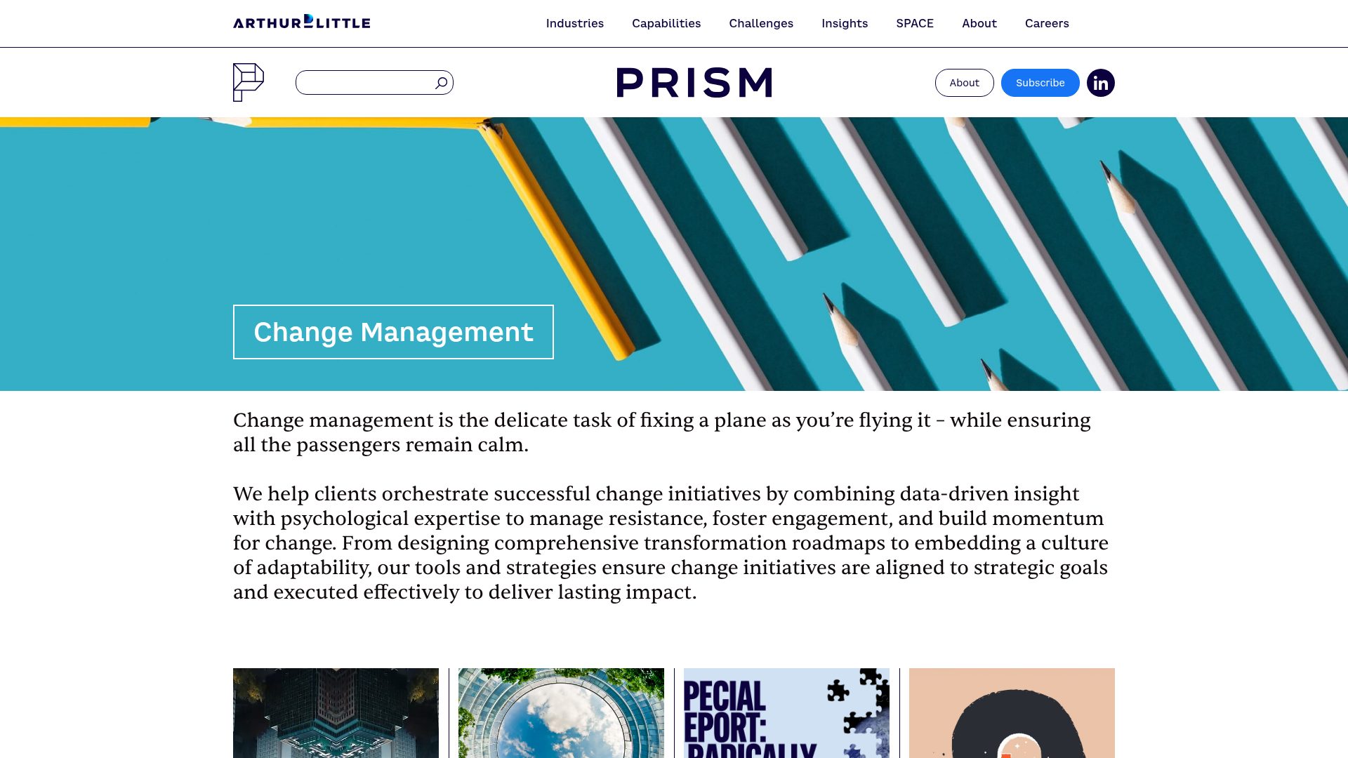 Category landing pages with a hero image background, intro text and a 4-column article grid filtered by topic.