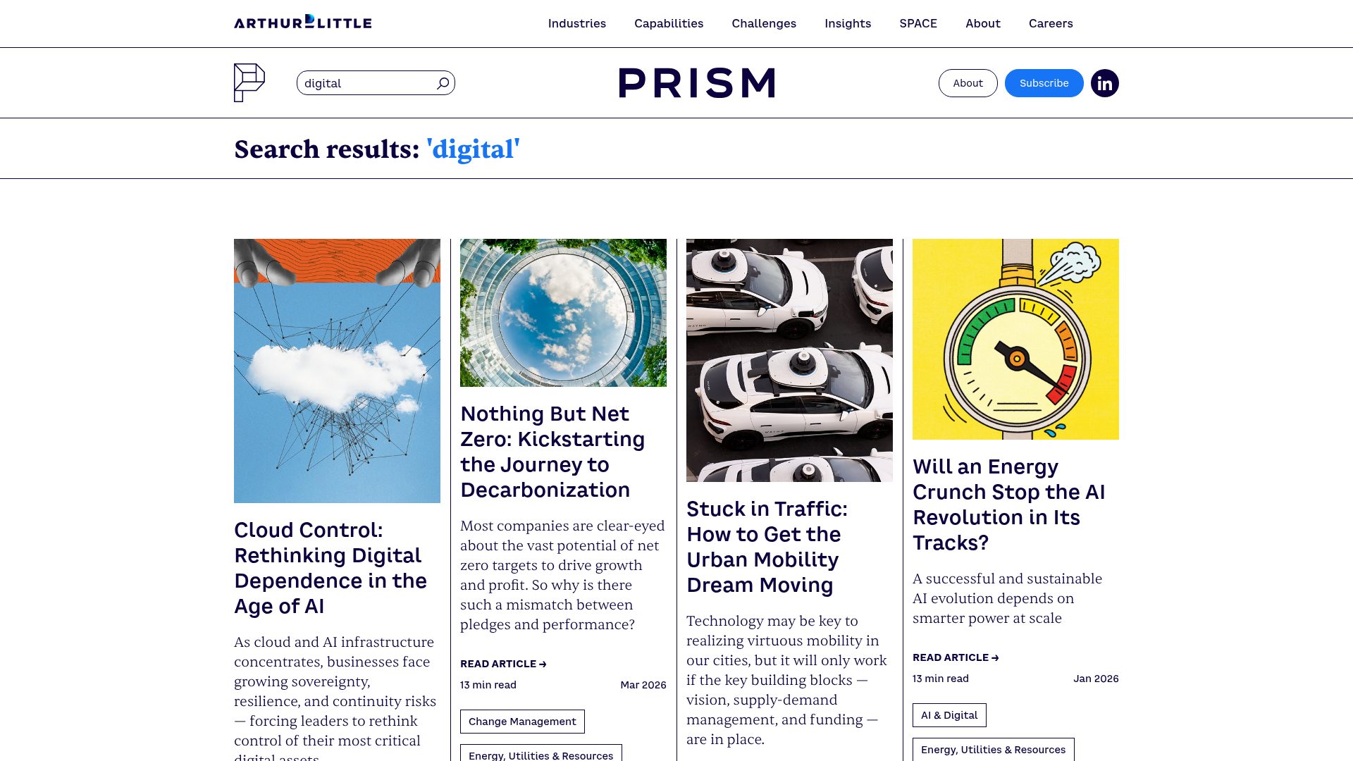 A global search results page displaying articles in a 4-column grid with featured images, read times and category tags.