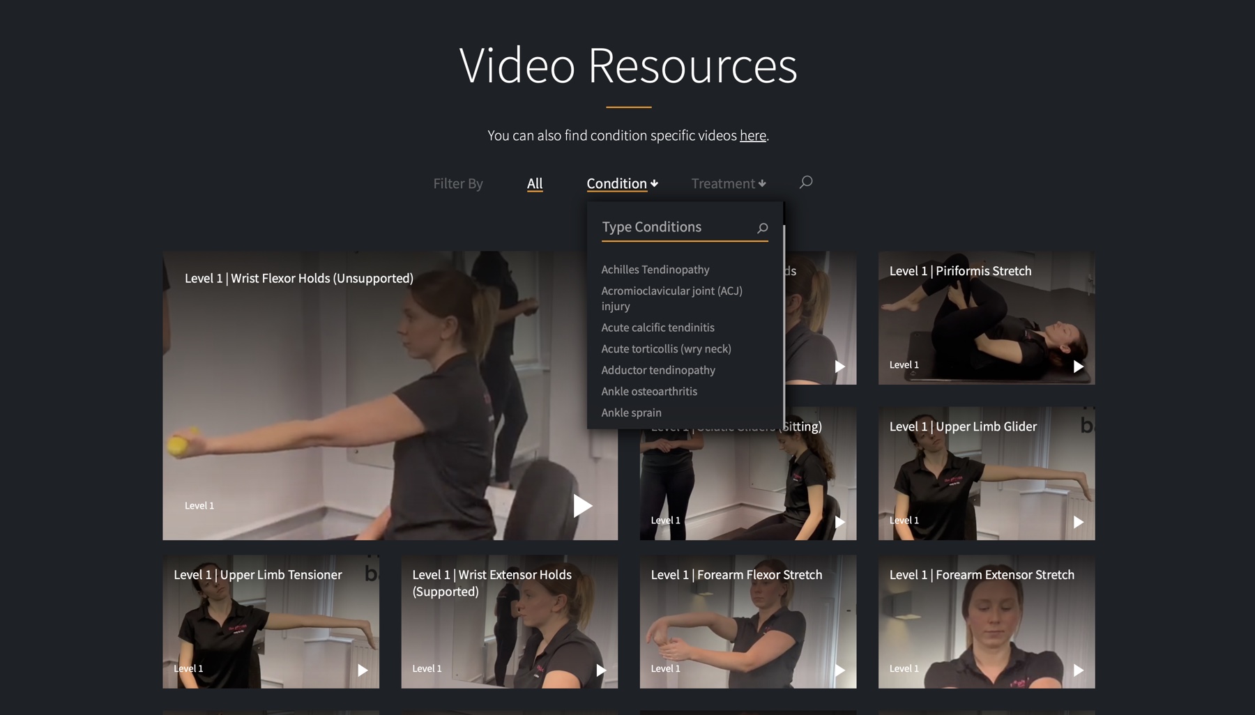 Filterable videos page with various difficulty levels