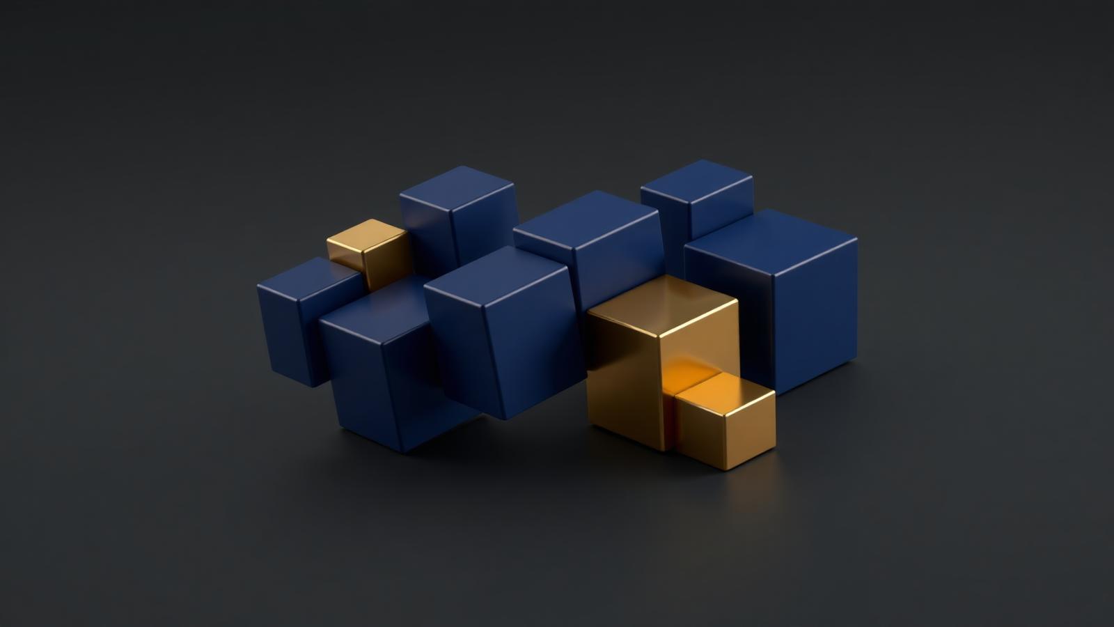 Abstract 3D render of interlocking geometric blocks in blue and gold arranged on a dark background, symbolising a design agency and a WordPress development partner working together
