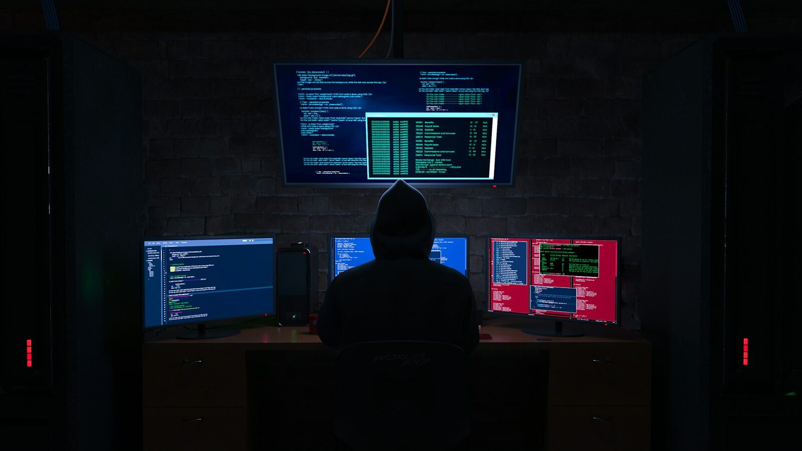 Hooded figure at a desk facing multiple monitors filled with code and data in a dark room, representing WordPress security threats and hackers