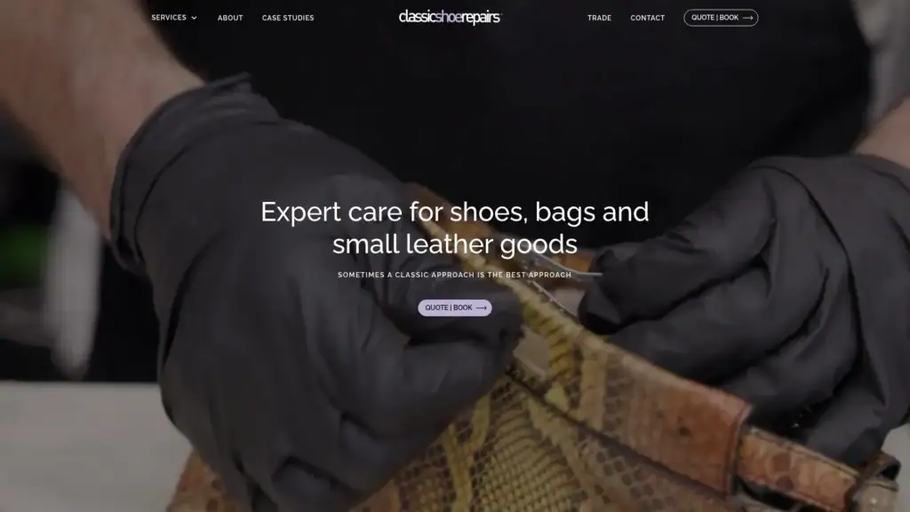 Classic Shoe Repairs website homepage with video background