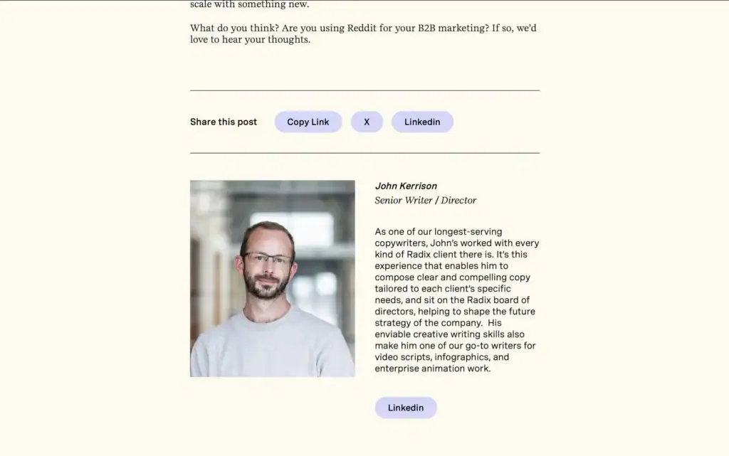 Radix Communications website automated author profiles