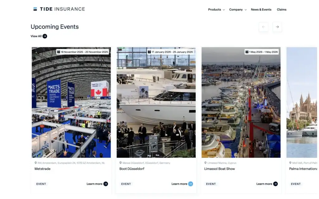 Tide Insurance website events section