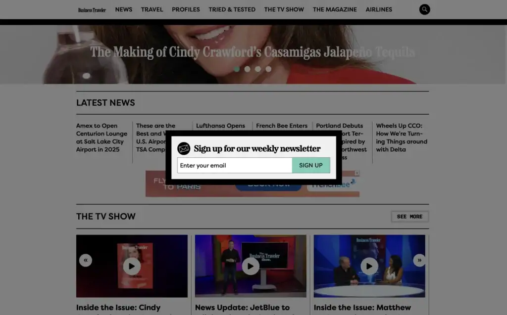 Business Traveller Mailchimp newsletter signup popup