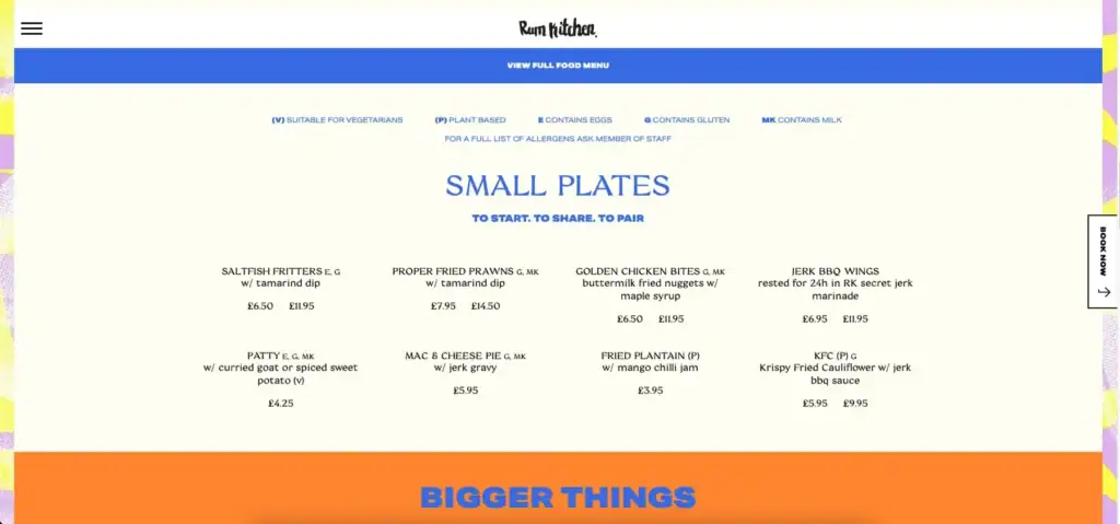 The Rum Kitchen dynamic WordPress food menu