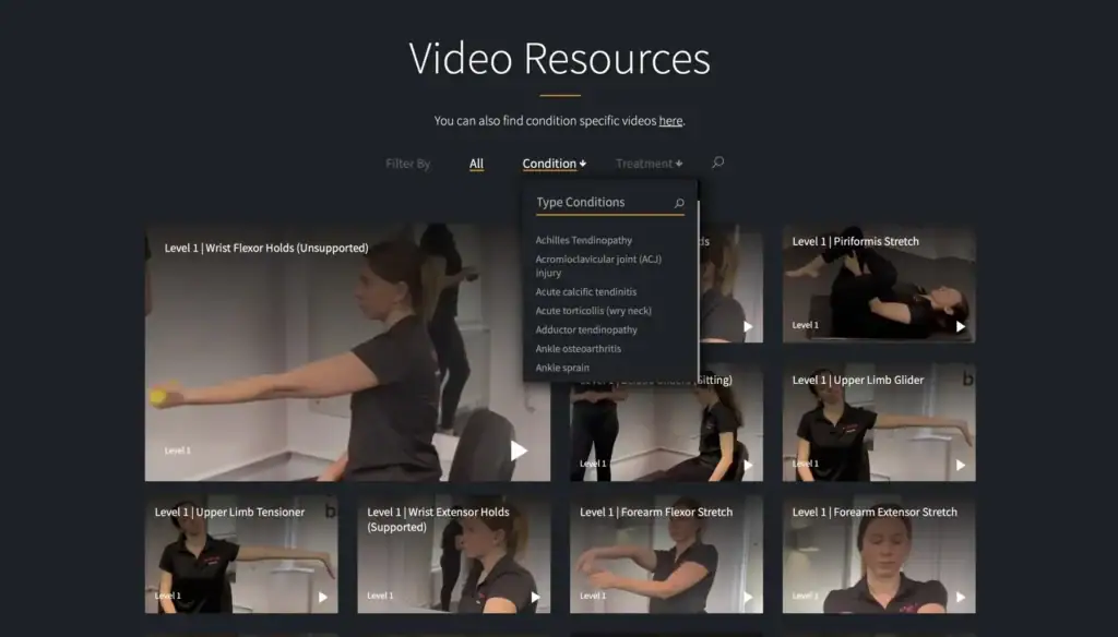 Filterable physiotherapy video resources